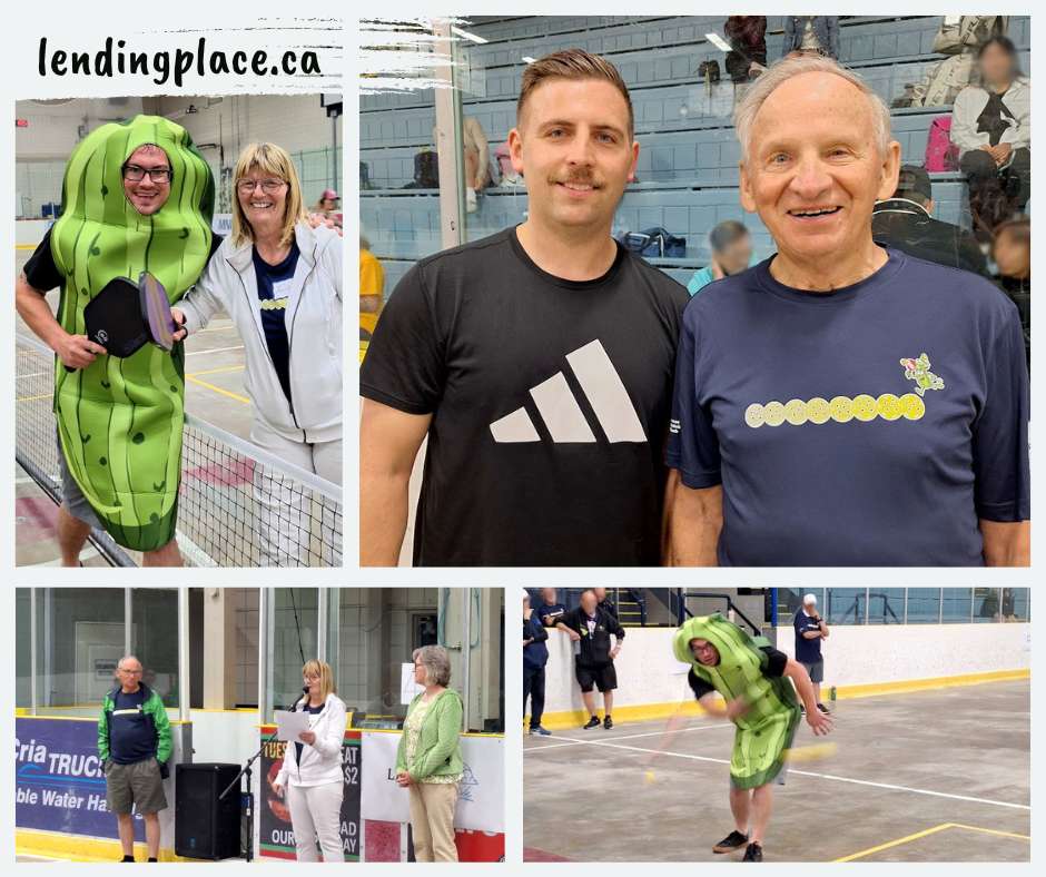 Collage of four tournament photos, including Chad the Pickle with Julie at the net, sponsors, tournament introductions, and an action shot of Chad the pickle hitting the ball