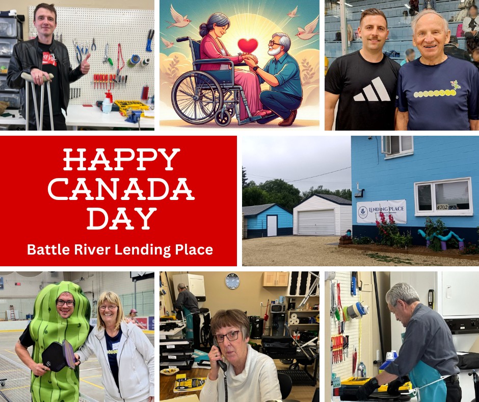 Happy Canada Day collage featuring: travelling crutches, bringing his sweetheart home, Save-On-Foods with President Erhard, exterior view of Battle River Lending Place, Chad the Pickle and Julie at pickleball tournament, admin answering a phone call, and equipment maintenance.