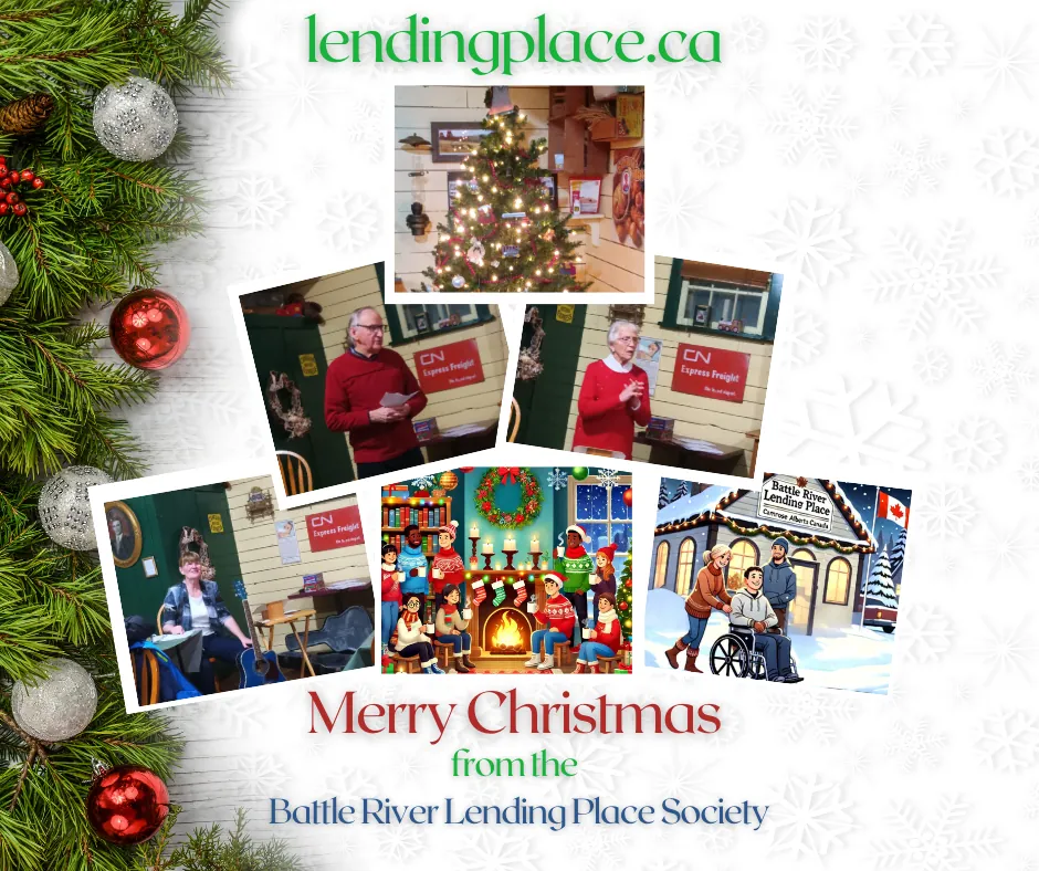collage image of Ehard Pinno, Glenys Smith, Julie Girard, at the Battle River Lending Place Society Christmas 2025 party at the Camrose Railway Museum