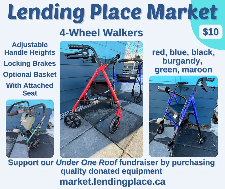 4-Wheel Walker with adjustable handles, locking brakes, attached seat, and optional basket, available in multiple colours.